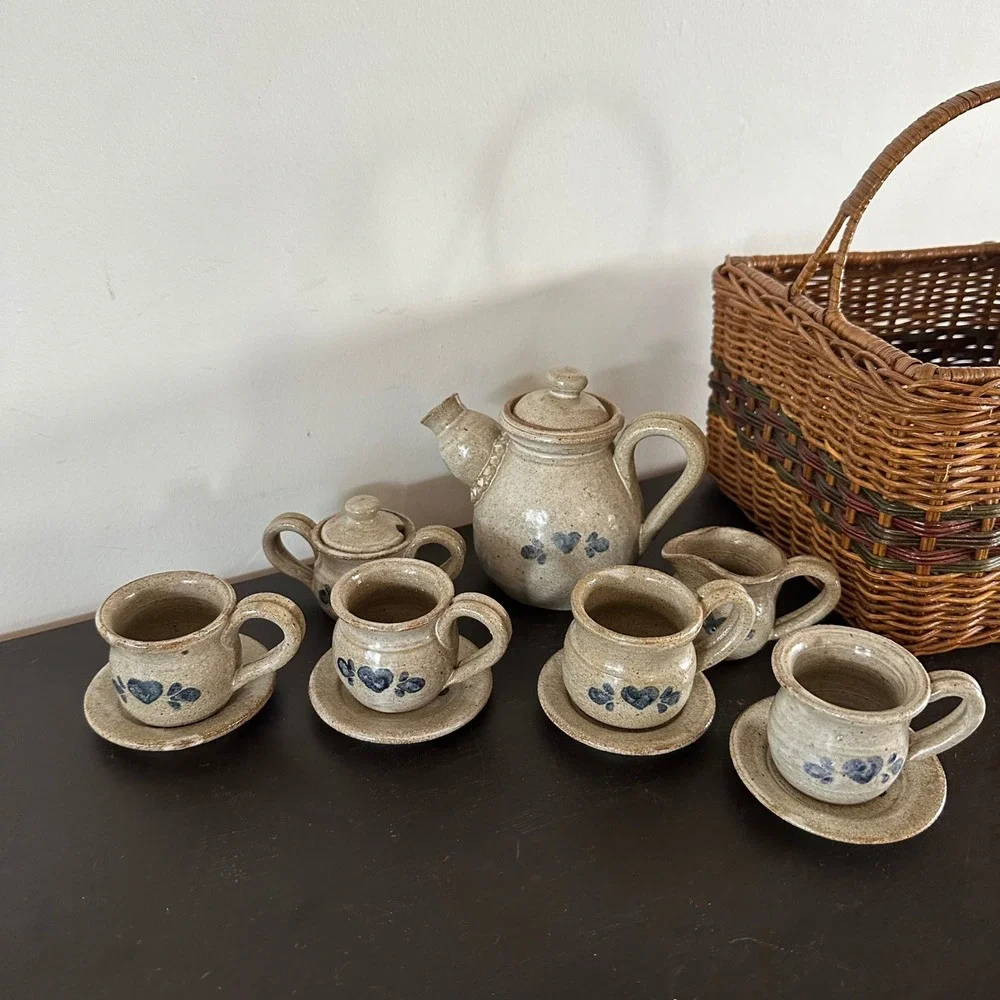 VTG Rowe Pottery Miniature Tea Set Salt Glazed Stoneware Blue Heart Cottagecore